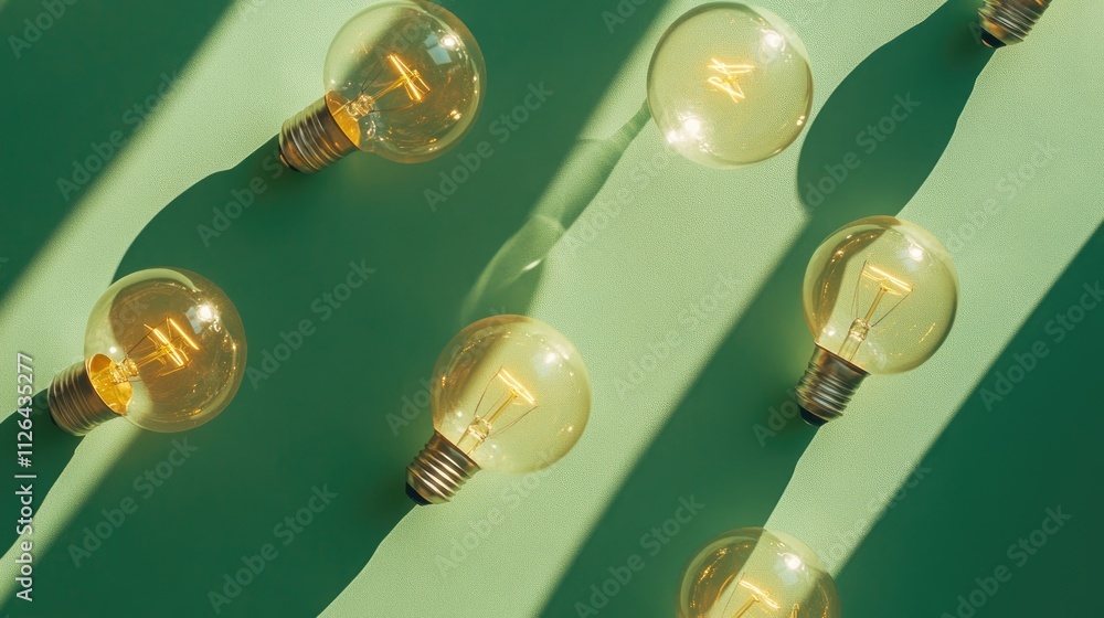 Poster light bulbs on green surface with dramatic shadows creating an artistic composition of illumination 