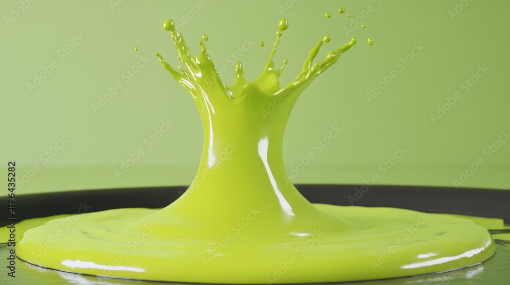 Poster vibrant green paint splash creating droplets against a smooth surface with a soft green background, 