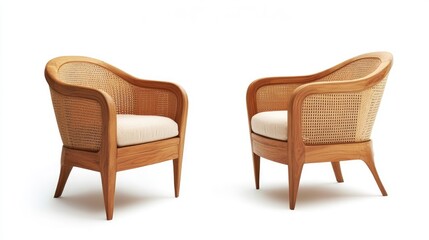 Fototapeta premium Elegant wooden armchair showcased from multiple angles with white background highlighting modern furniture design and craftsmanship.
