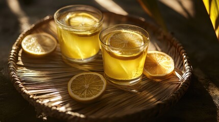 Lemon tea served in glasses with fresh lemon slices on a rustic palm leaf tray in warm natural light