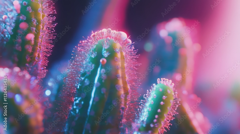 Poster vibrant macro closeup of cactus with colorful spikes and dew drops showcasing intricate textures and