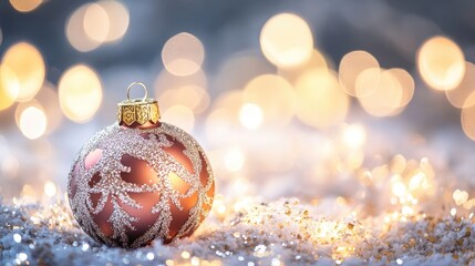 Elegant Christmas ornament on snowy background with shimmering golden bokeh lights creating a festive holiday atmosphere.
