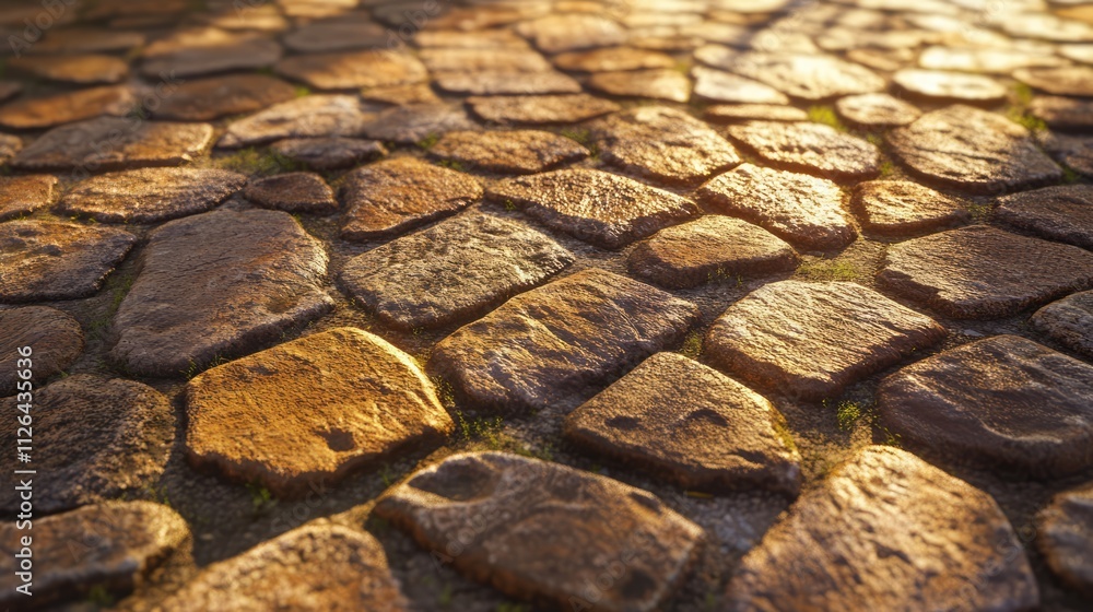 Poster cobblestone pavement with warm sunlight creating shadows on rustic stones in an outdoor environment.