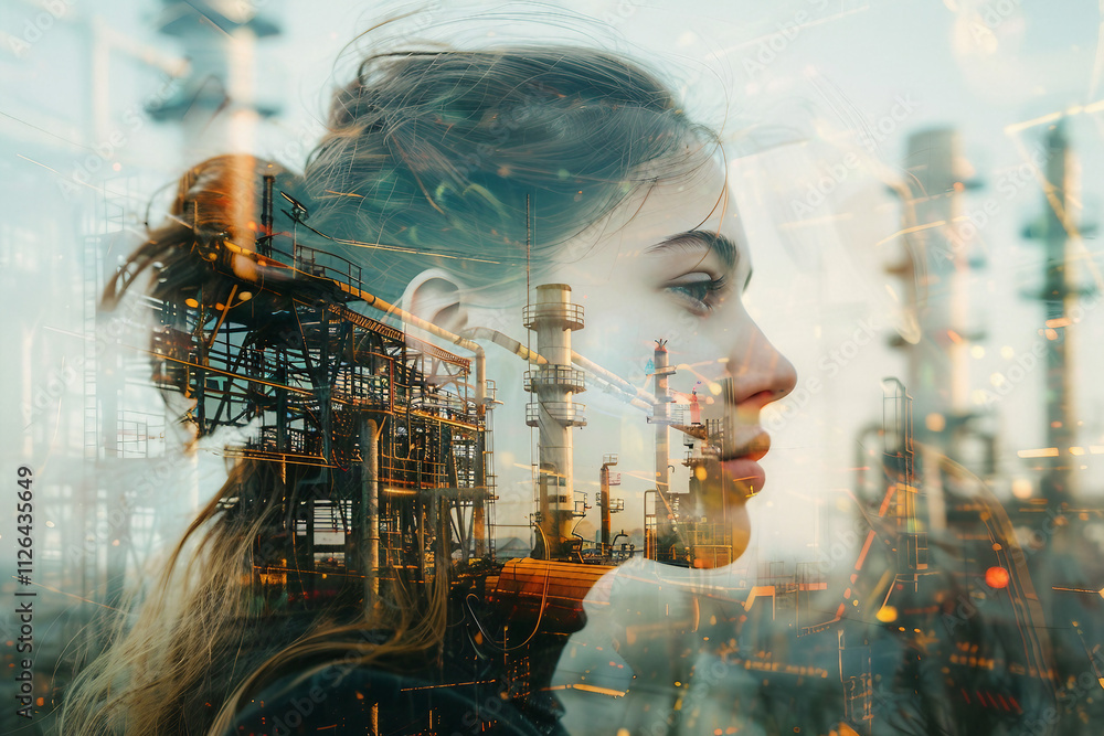 Poster a double exposure of a worker in a helmet with an industrial background generative ai