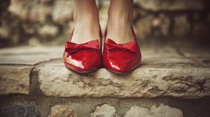Elegant red ballet flats with bow detail positioned on a rustic stone surface showcasing fashion and style aesthetics.