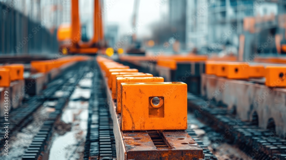 Poster bridge stanchion structure at a construction site with vibrant orange blocks along the tracks showca