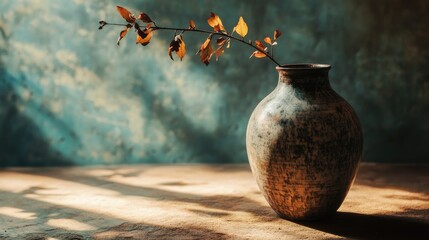 vintage vase with autumn leaves in natural light against textured backdrop