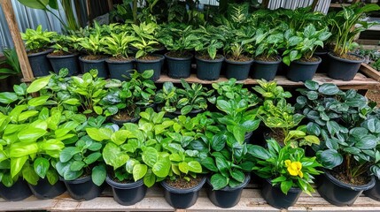 Small green plants in black pots displayed in a tropical garden showcasing a variety of species native to Southeast Asia.
