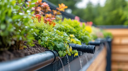 Drip irrigation system watering perennials in a lush rooftop garden ensuring efficient water use and reduced evaporation for optimal plant health