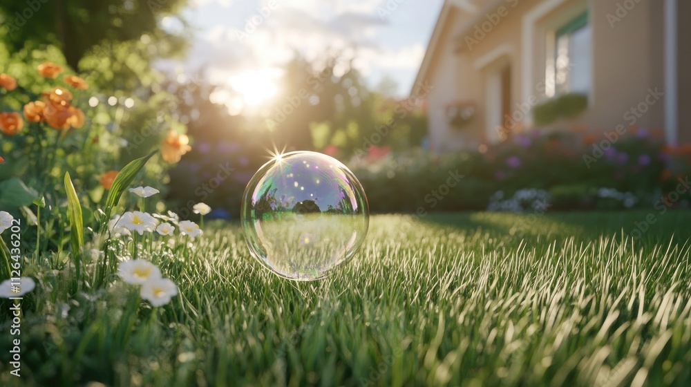 Poster macro view of a shimmering soap bubble resting on green grass with flowers and a sunlit garden in th