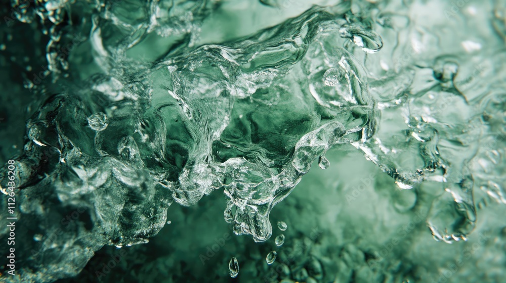Poster macro shot of water droplets creating abstract patterns on green glass surface with studio lighting 