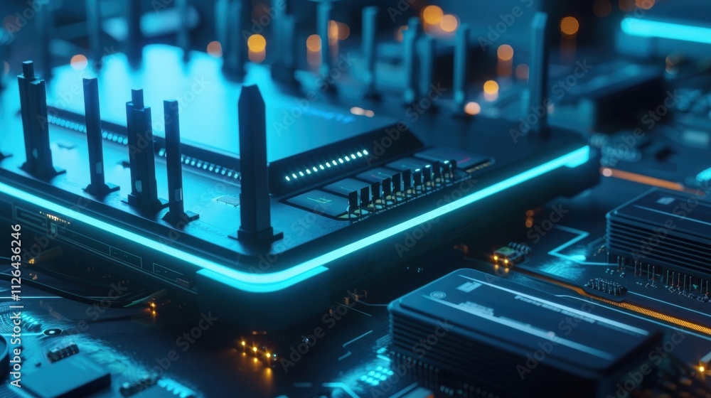 Poster futuristic server unit with neon lights illuminating circuit board components, showcasing advanced t
