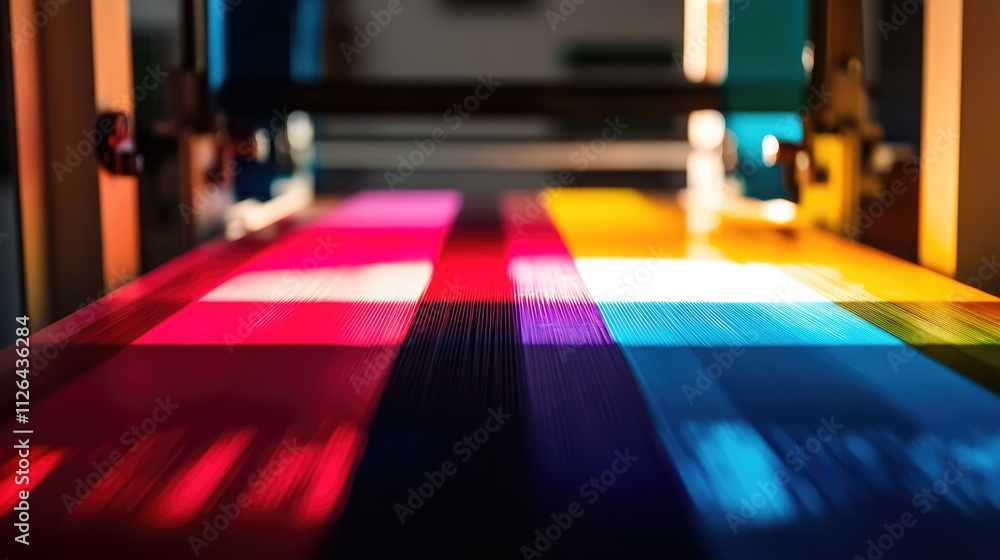 Poster vibrant colors displayed on a printing press machine with sunlight illuminating the textured ink lay