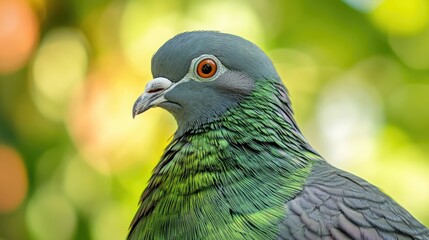 Fototapeta premium Close-up portrait of a green feathered pigeon with a blurred natural background showcasing vibrant colors and intricate feather details.