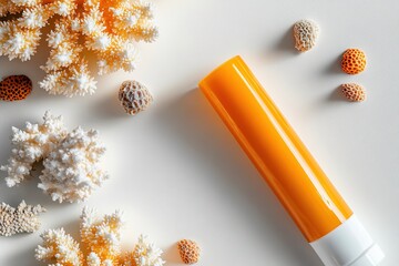 Orange sunscreen tube with natural coral shapes on beige