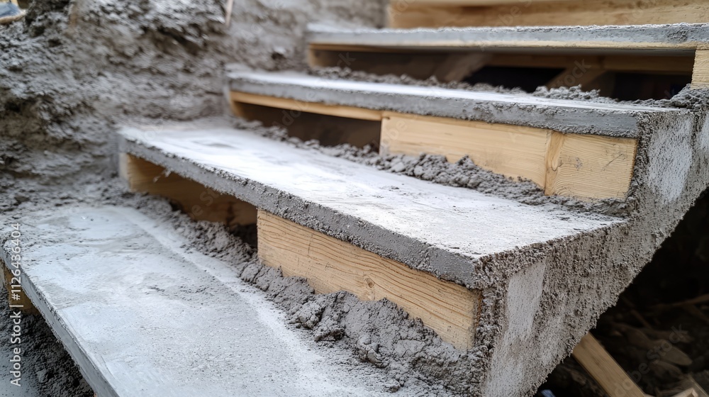 Poster concrete staircase construction with reinforcement and timber support in a detailed close-up view du
