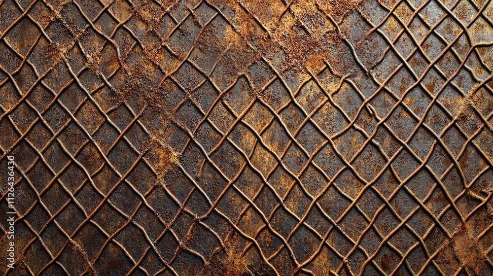 Poster rusty rabitz mesh netting texture close-up showcasing intricate patterns and weathered metal surface