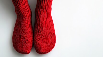 Cozy red knitted socks resting on a white background creating a vibrant and warm indoor textile feel.