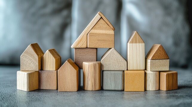 Wooden toy house blocks arranged on grey leather background with financial graph chart concept illustrating real estate and investment themes