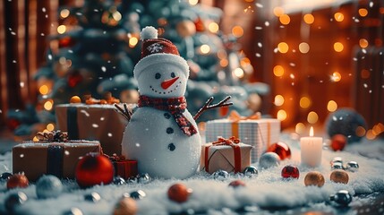 Christmas card cover with Christmas tree, snowman and deer in blue colors, gifts under the pine tree, Christmas decorations, garland, candles, orange curtain background.