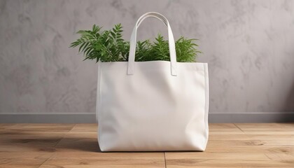 Stylish white tote bag with blank space for custom design on a wooden surface with a small plant, copy space, promotion, template, marketing, showcase