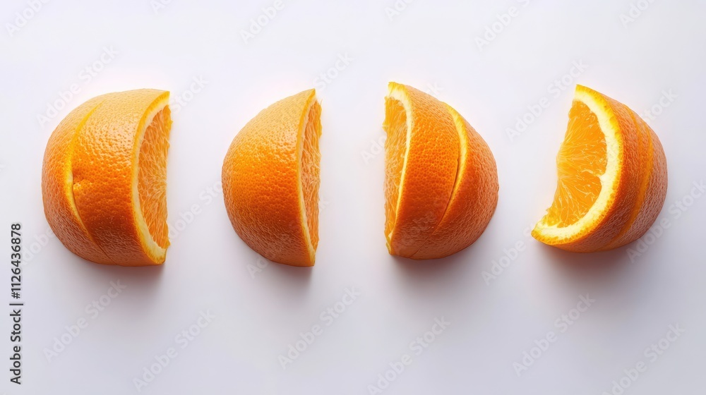 Poster freshly sliced orange segments arranged neatly on a clean white background showcasing vibrant color 