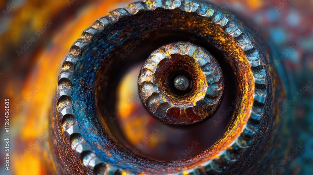 Poster macro view of a rusty self-tapping spiral bolt showcasing intricate details and textures in metalwor