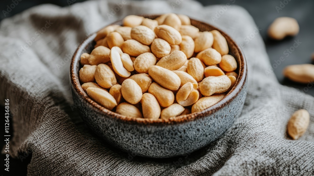 Poster raw peanuts in a rustic bowl arranged on a textured cloth captured on a dark background for culinary