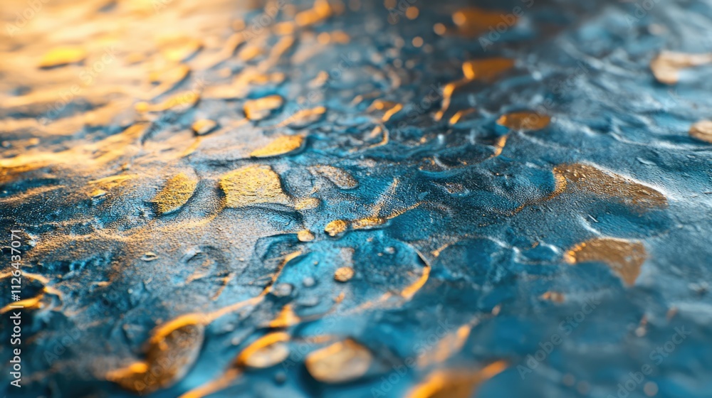 Poster textured metallic surface with vibrant colors and water droplets creating a visually striking abstra