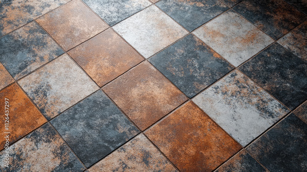 Poster textured surface of modern floor tiles with a mix of earthy colors and patterns showcasing design po