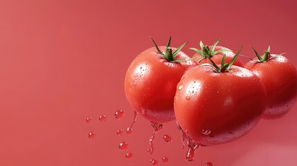 Fresh ripe red tomatoes with droplets on a vibrant pink background showcasing natural produce goodness and healthy eating concepts.