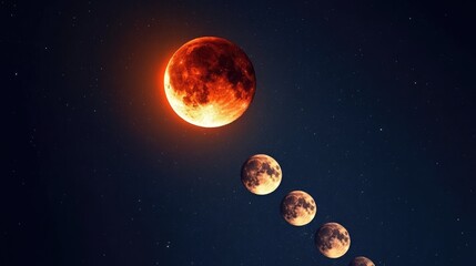Naklejka premium Lunar Eclipse Sequence with Earths Moon in Different Phases Against a Starry Night Sky