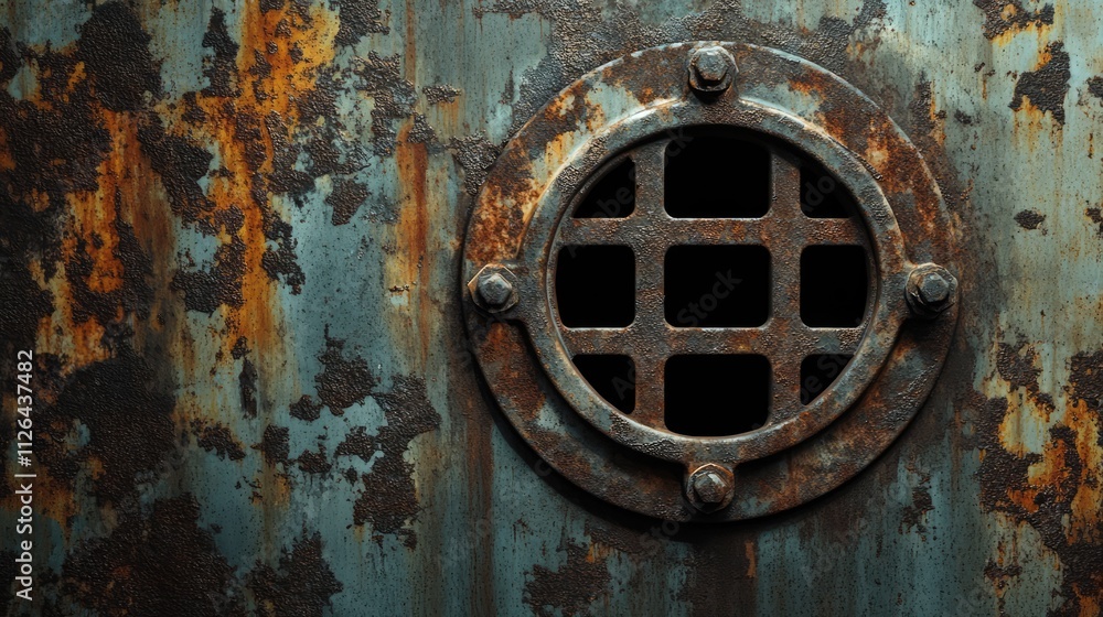 Poster rusty metal background with a drain cap showcasing intricate texture and aged color variations in in