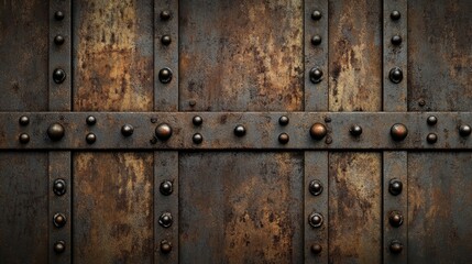 Fototapeta premium Worn rusty metal wall texture with rivets and industrial design featuring a grunge aesthetic for backgrounds and artistic projects