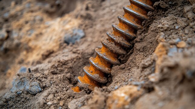 Rusty metal screw embedded in soil showcasing excavation machinery in action during earthmoving operations.