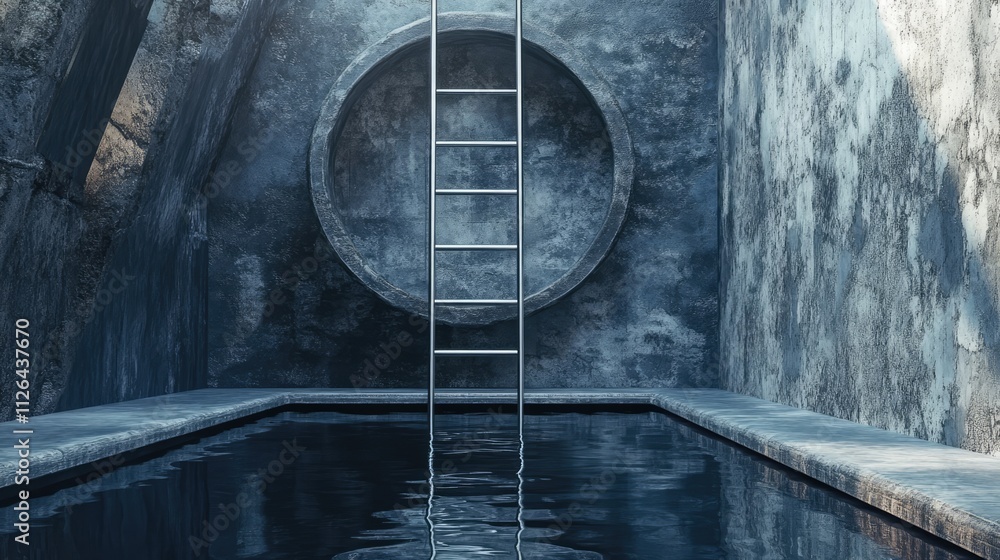 Poster metal ladder beside an empty swimming pool with a circular feature and textured walls in a modern mi