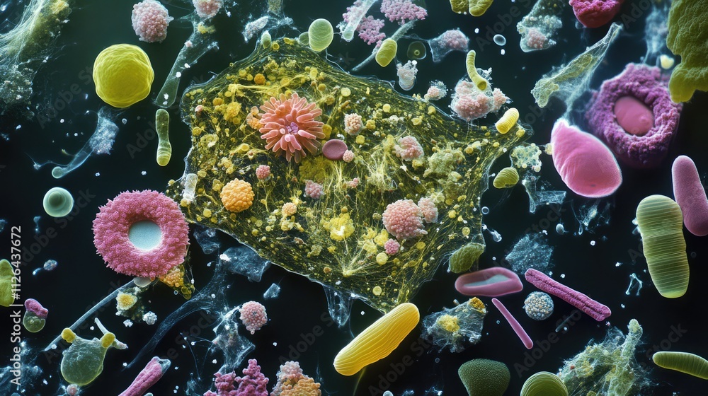 Poster diverse microscopic microorganisms displaying vibrant colors and unique shapes observed under a micr