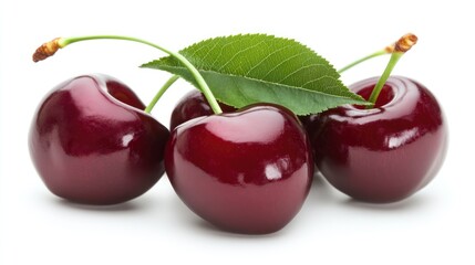 Fresh ripe cherries with green leaves arranged artistically on a clean white background perfect for food and health-related visuals.