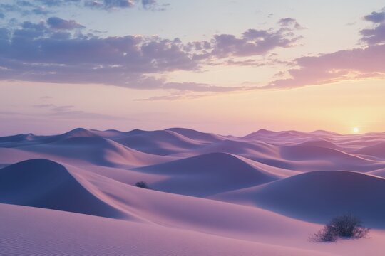 serene desert landscape at sunset with rolling sand dunes