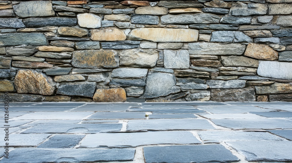 Poster textured stone wall background with grey stone floor foreground suitable for various design projects