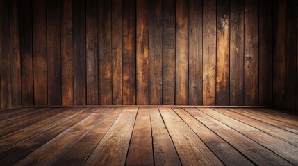 Naklejka premium Rustic wooden wall and floor background creating a warm and atmospheric interior setting perfect for various design projects.