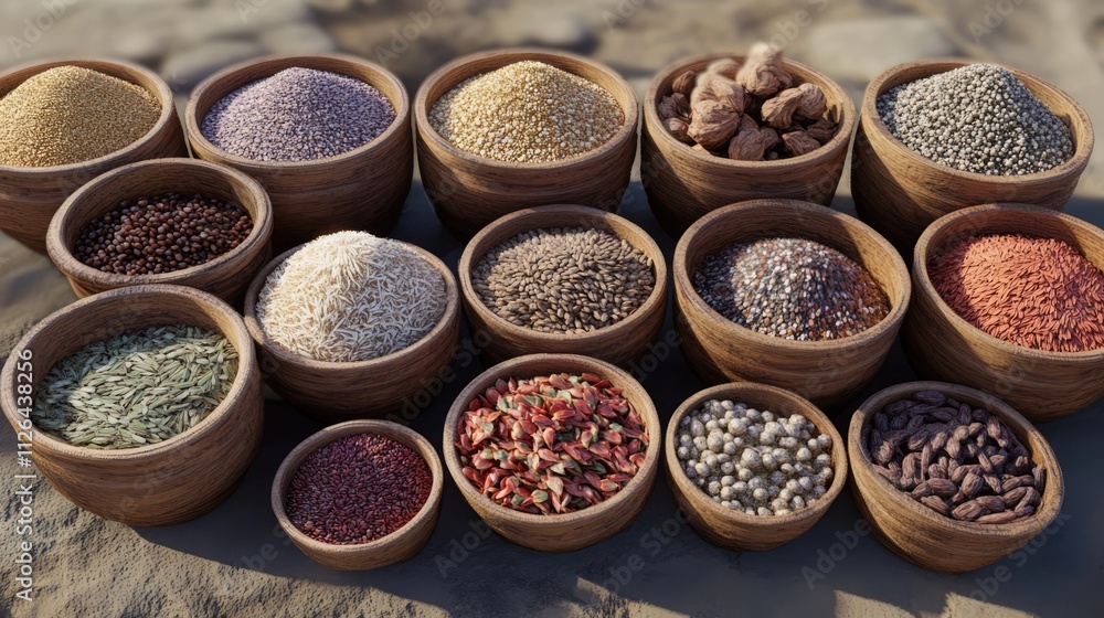 Poster assorted grains and seeds in wooden bowls arranged aesthetically on a rustic surface for culinary or