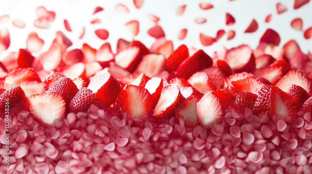 Poster sliced ripe strawberries arranged beautifully with scattered petals creating a vibrant and fresh com