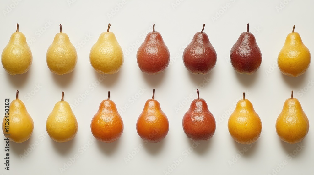 Aufkleber arrangement of colorful pears in a neat row on a white background showcasing varying shades and text
