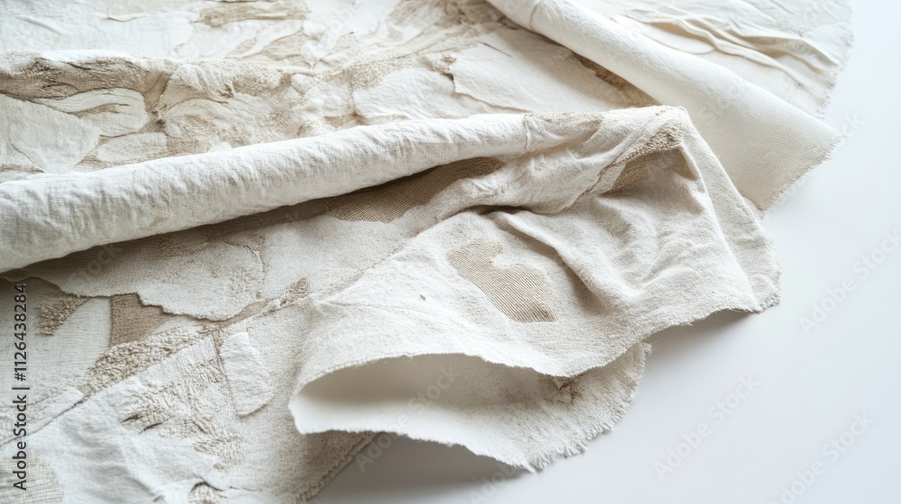 Poster pressed fabric remnants as insulating material showcasing texture and layered details on a neutral b