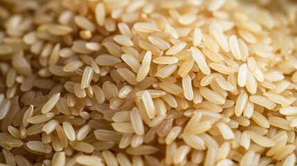 Brown rice grains displayed in a close-up view showcasing their texture and natural color, ideal for food and nutrition themes.
