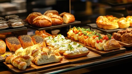 artisan bakery display featuring assorted pastries and breads for breakfast selection