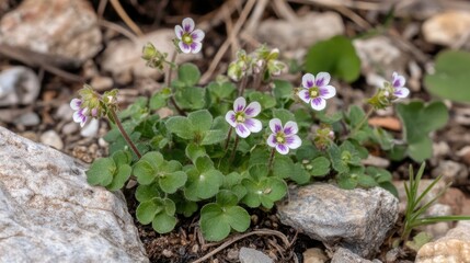 Vibrant small wildflowers with white and purple petals growing among stones in a natural landscape setting