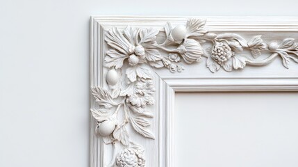 Decorative white wooden picture frame with intricate floral carvings on a light background showcasing elegance and artistry.