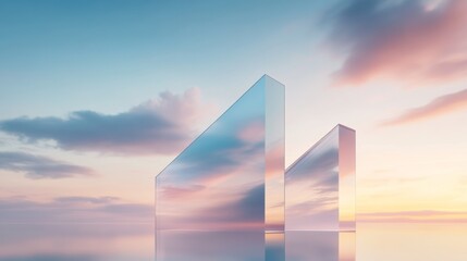 Modern architectural design of reflective buildings at sunrise capturing serenity in an urban landscape